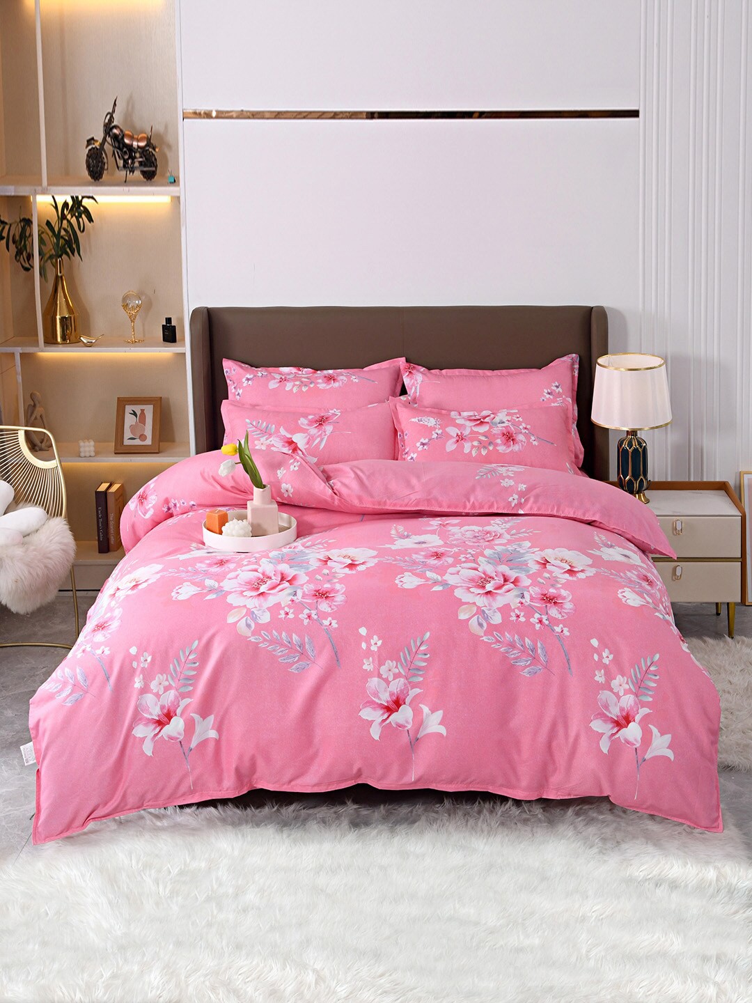 

JC HOME Pink & White Printed Double Queen Bedding Set