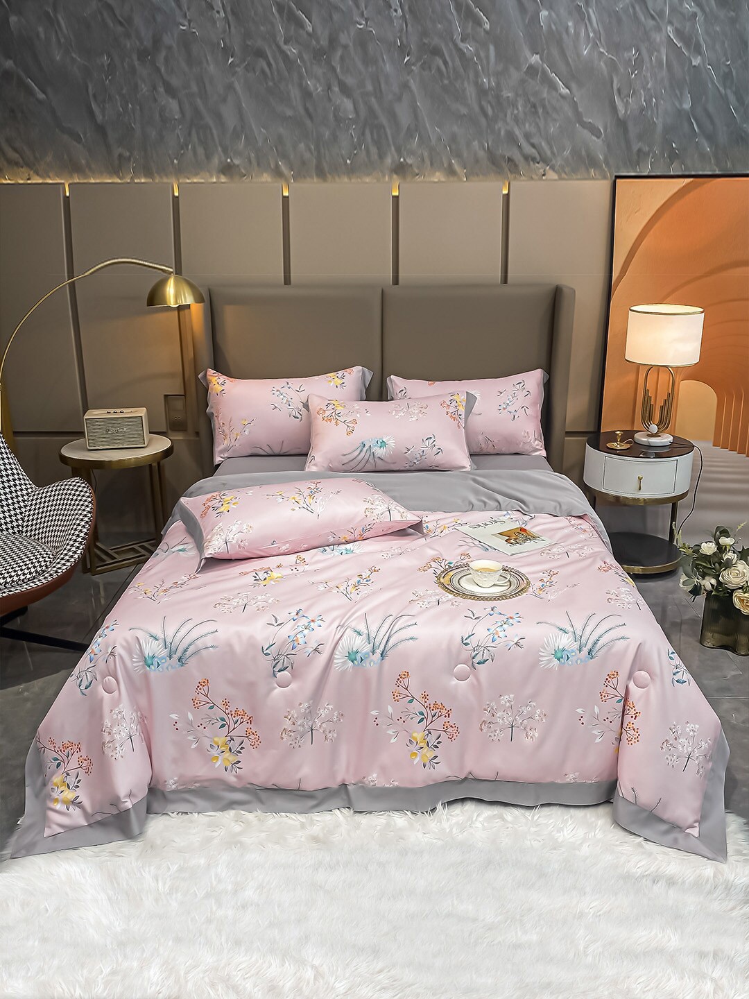 

JC Collection Pink & Grey Printed Double King Bedding Set