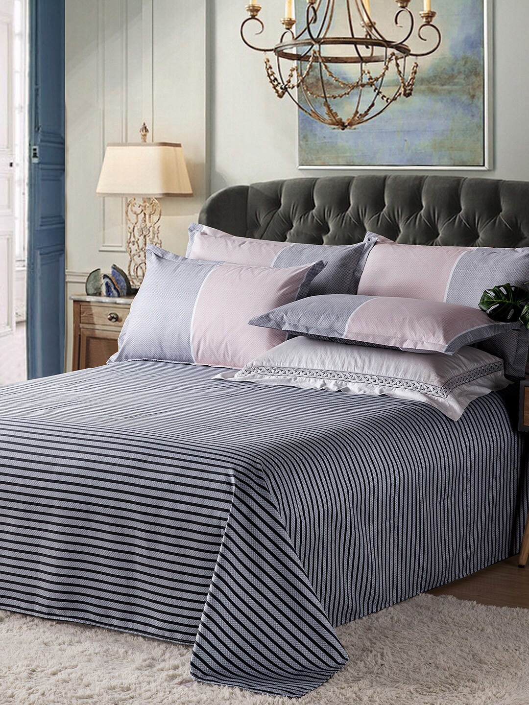 

JC HOME Grey Pink Striped Double King Bedding Set