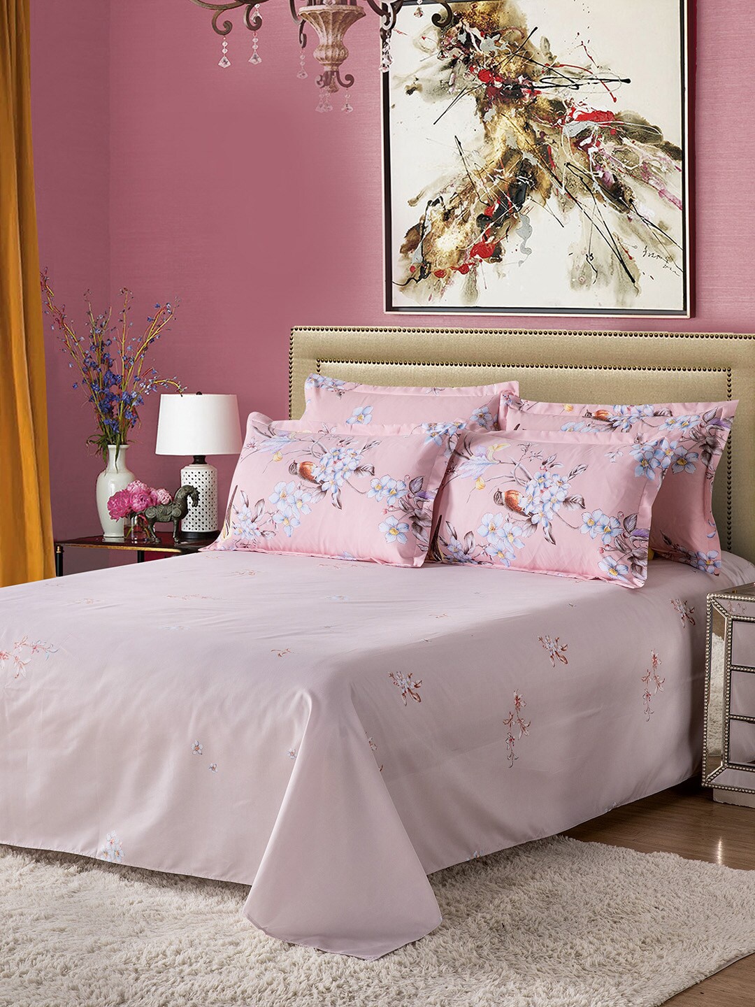 

JC HOME Pink Floral Printed Double Queen Bedding Set