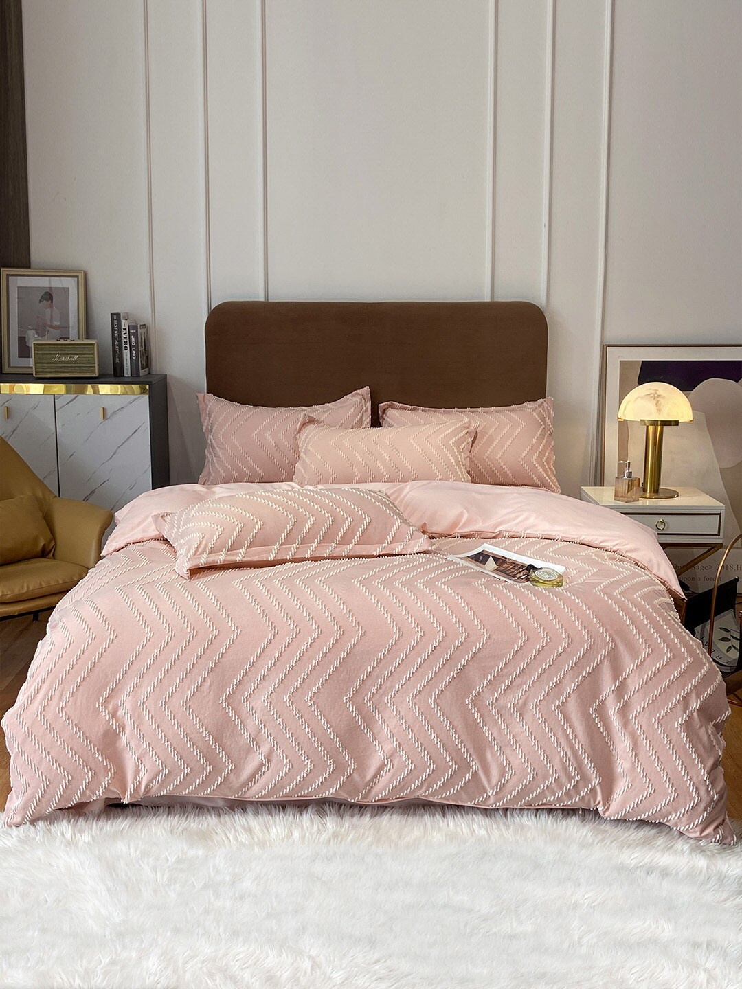 

JC Collection Peach-Colored Self Design Double King Bedding Set