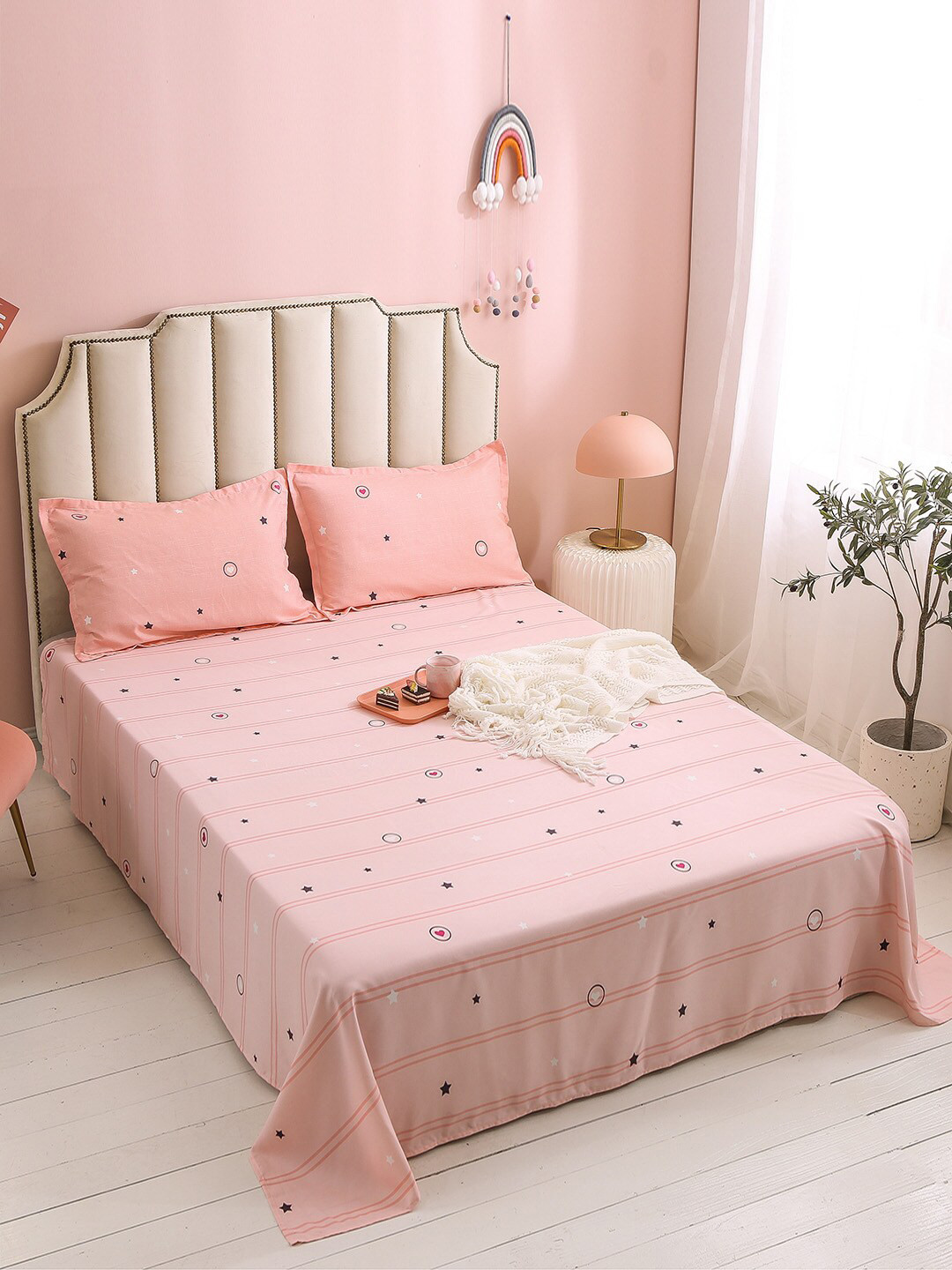 

JC HOME Peach-Coloured Printed Cotton Double Queen Size 3- Piece Bedding Set