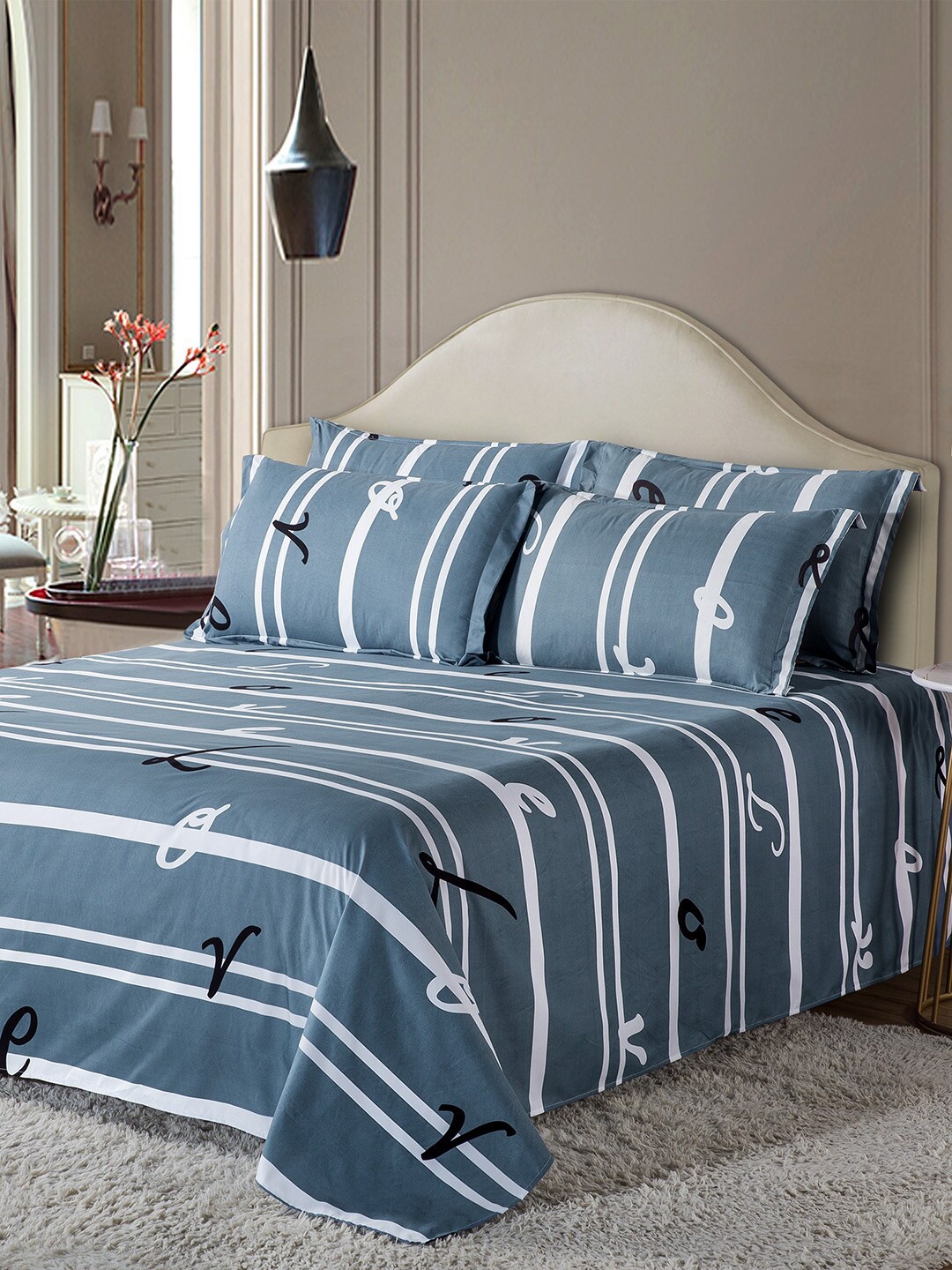 

JC HOME Blue & White Striped Double Queen Bedding Set