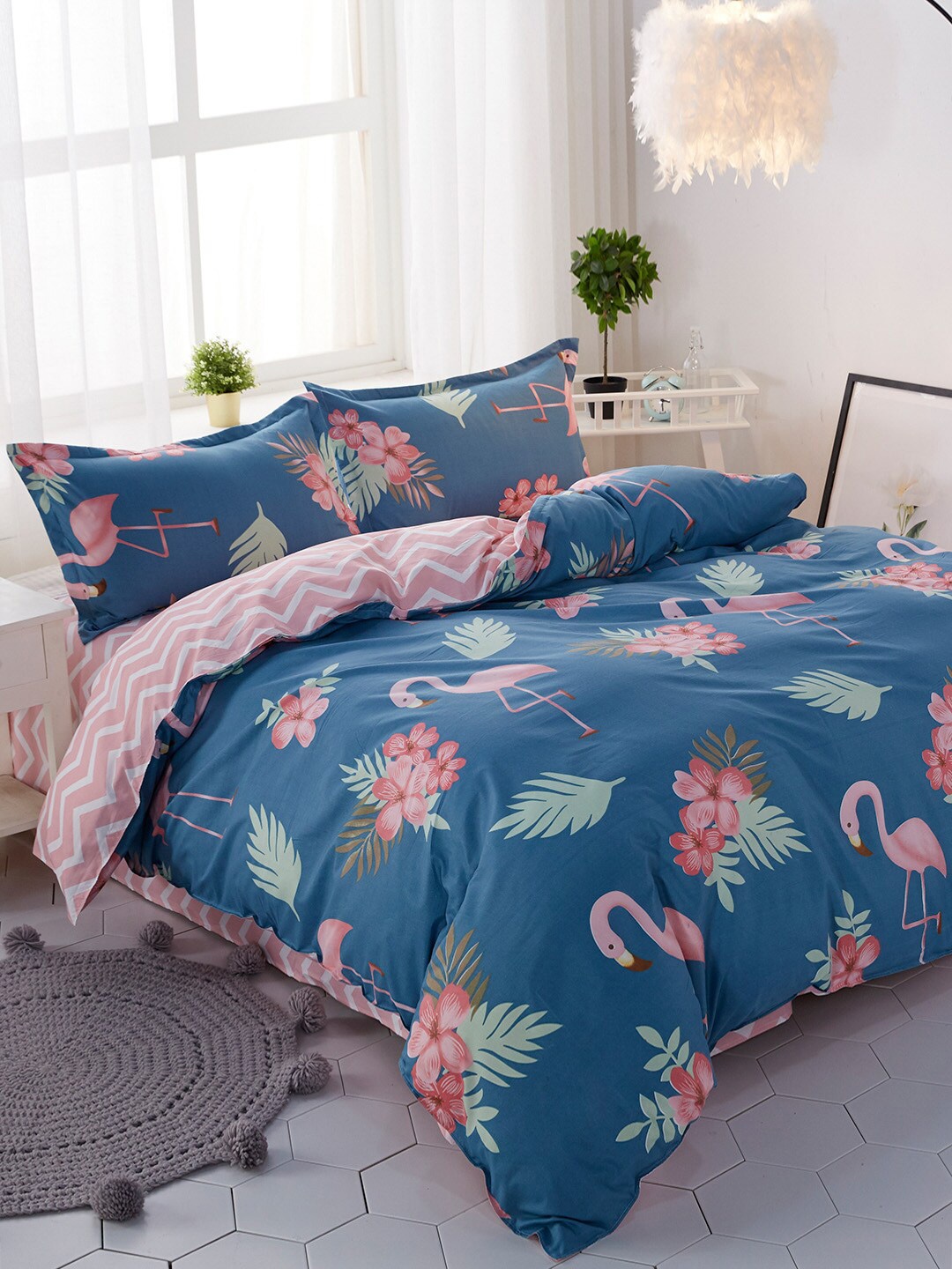 

JC HOME Blue & Pink Printed Double King Bedding Set