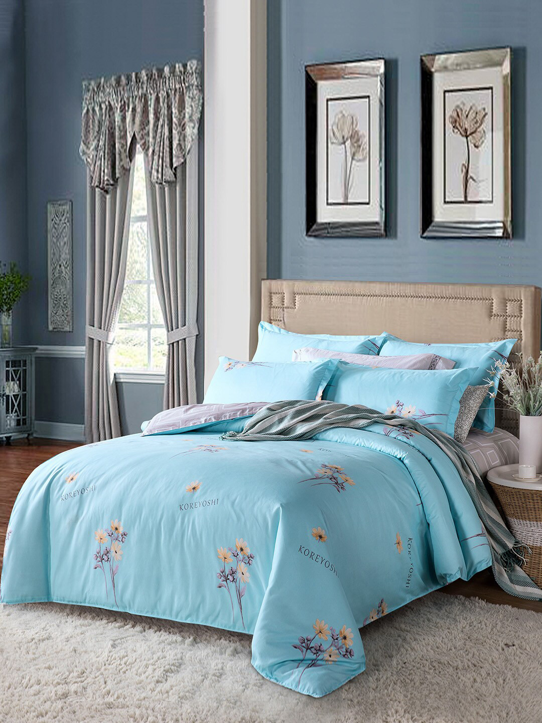 

JC HOME Blue & Grey Printed Single Bedding Set