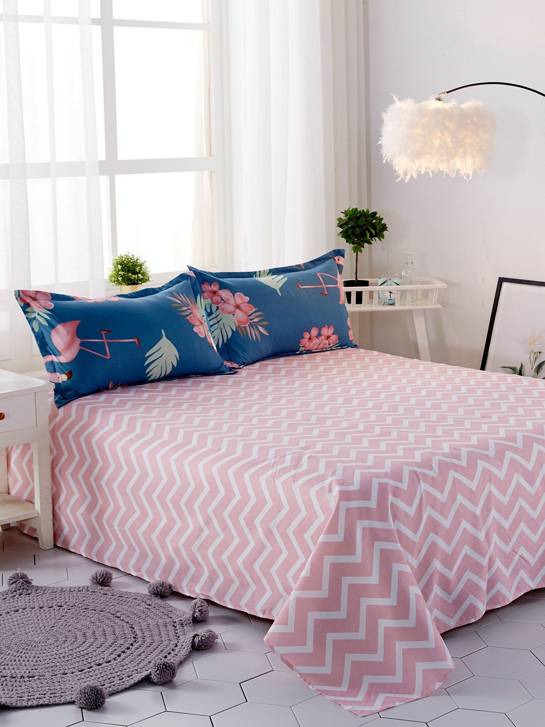 

JC HOME Navy Blue And Pink Printed Single Bedding Set With Quilt