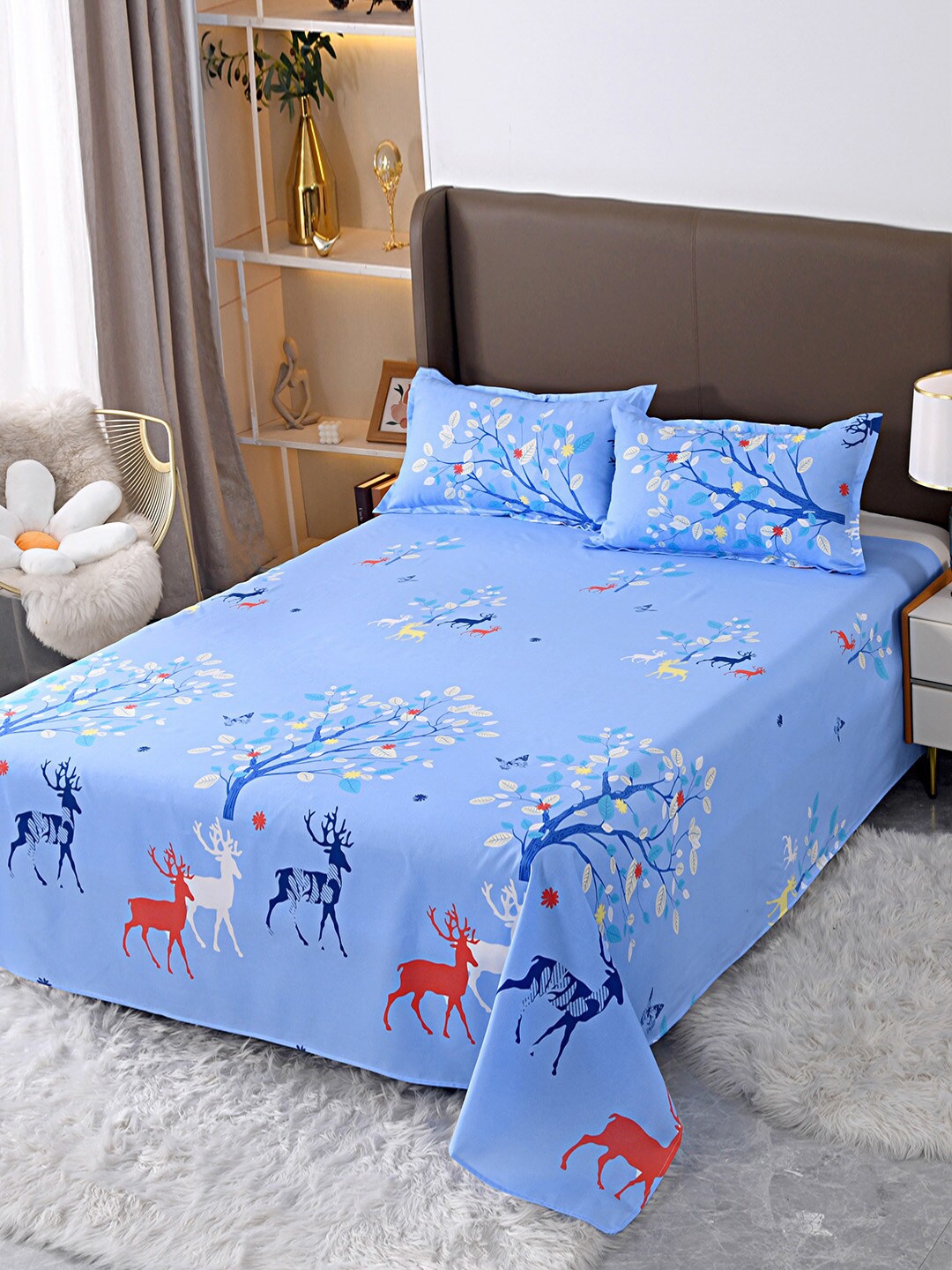 

JC HOME Blue & Red Printed Double Queen Bedding Set