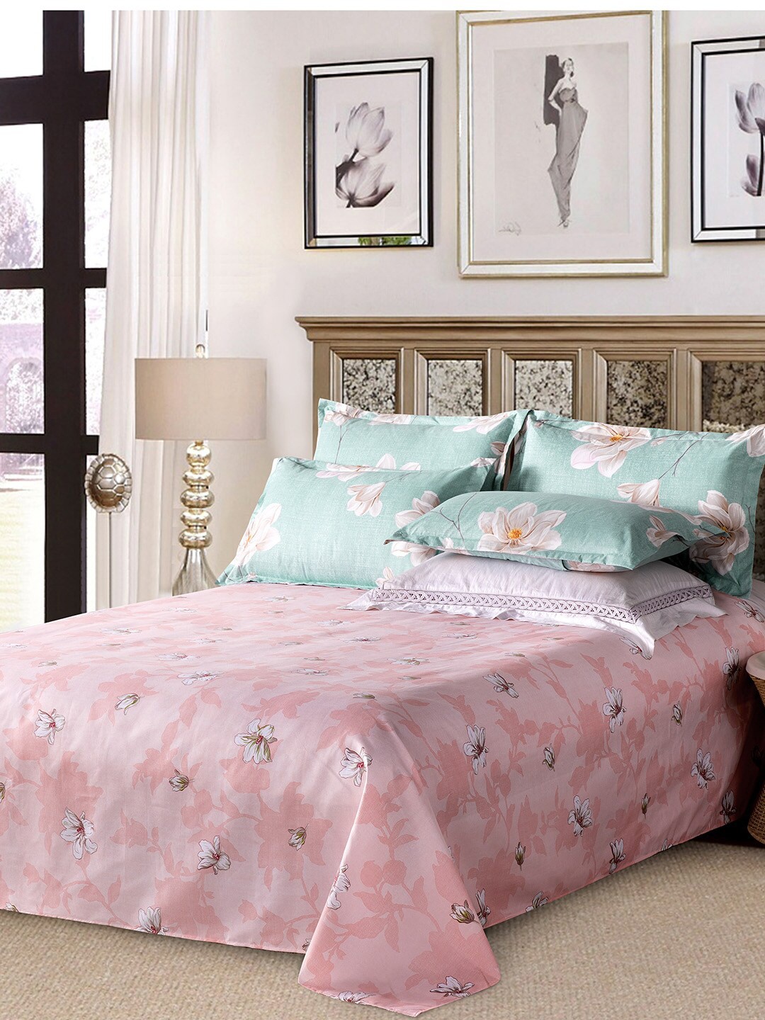 

JC HOME Blue & Pink Floral Printed Double Queen Bedding Set