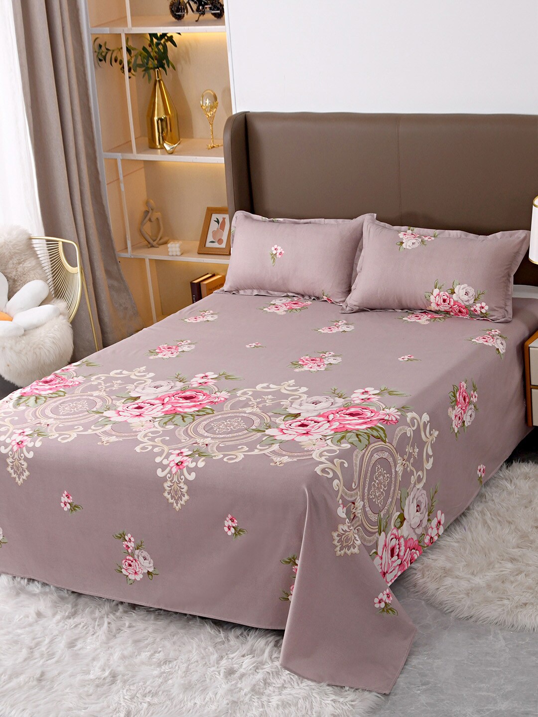 

JC HOME Mauve & Pink Printed Double King Bedding Set