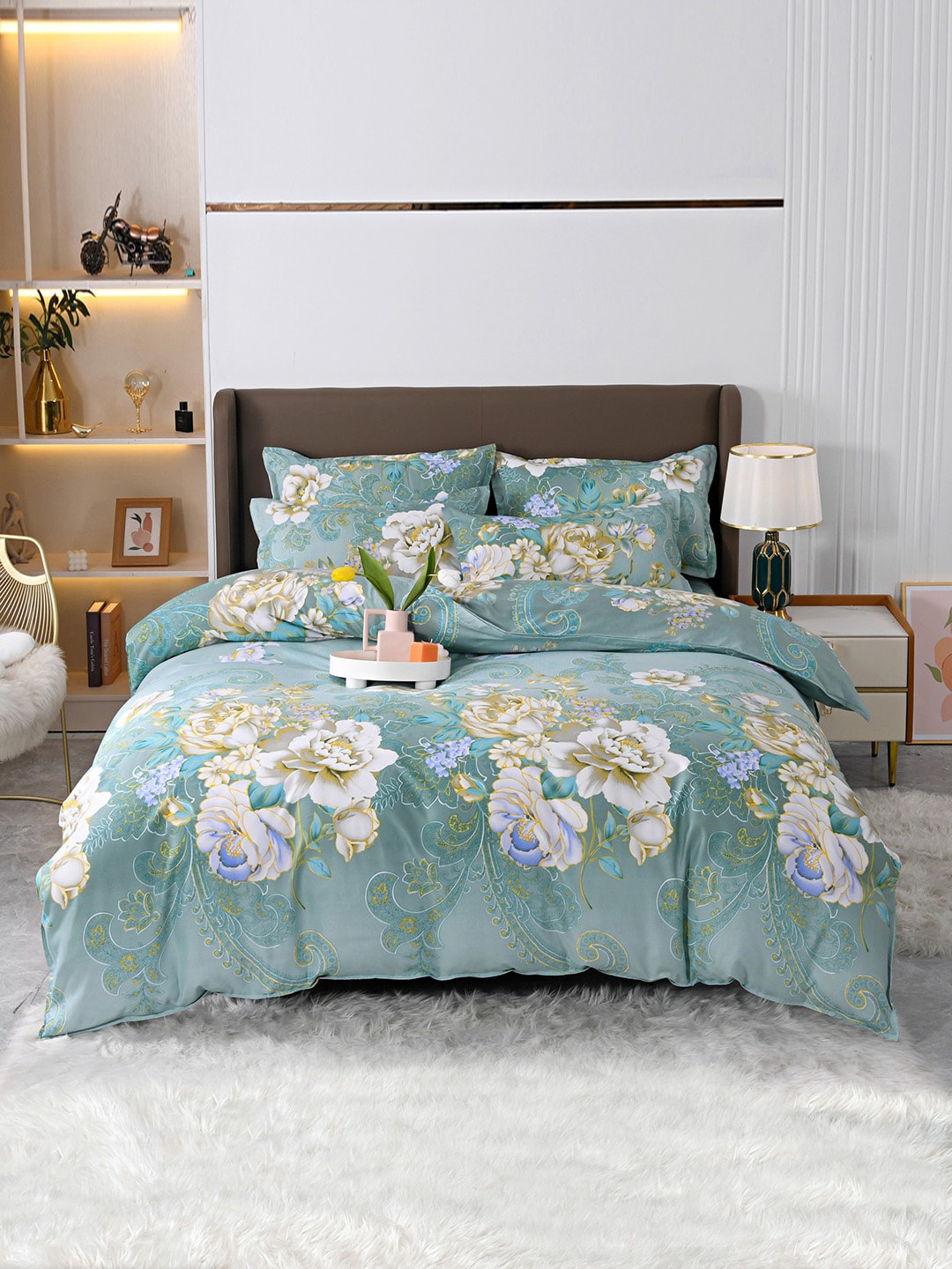 

JC HOME Green & Beige Floral Printed Double King Bedding Set