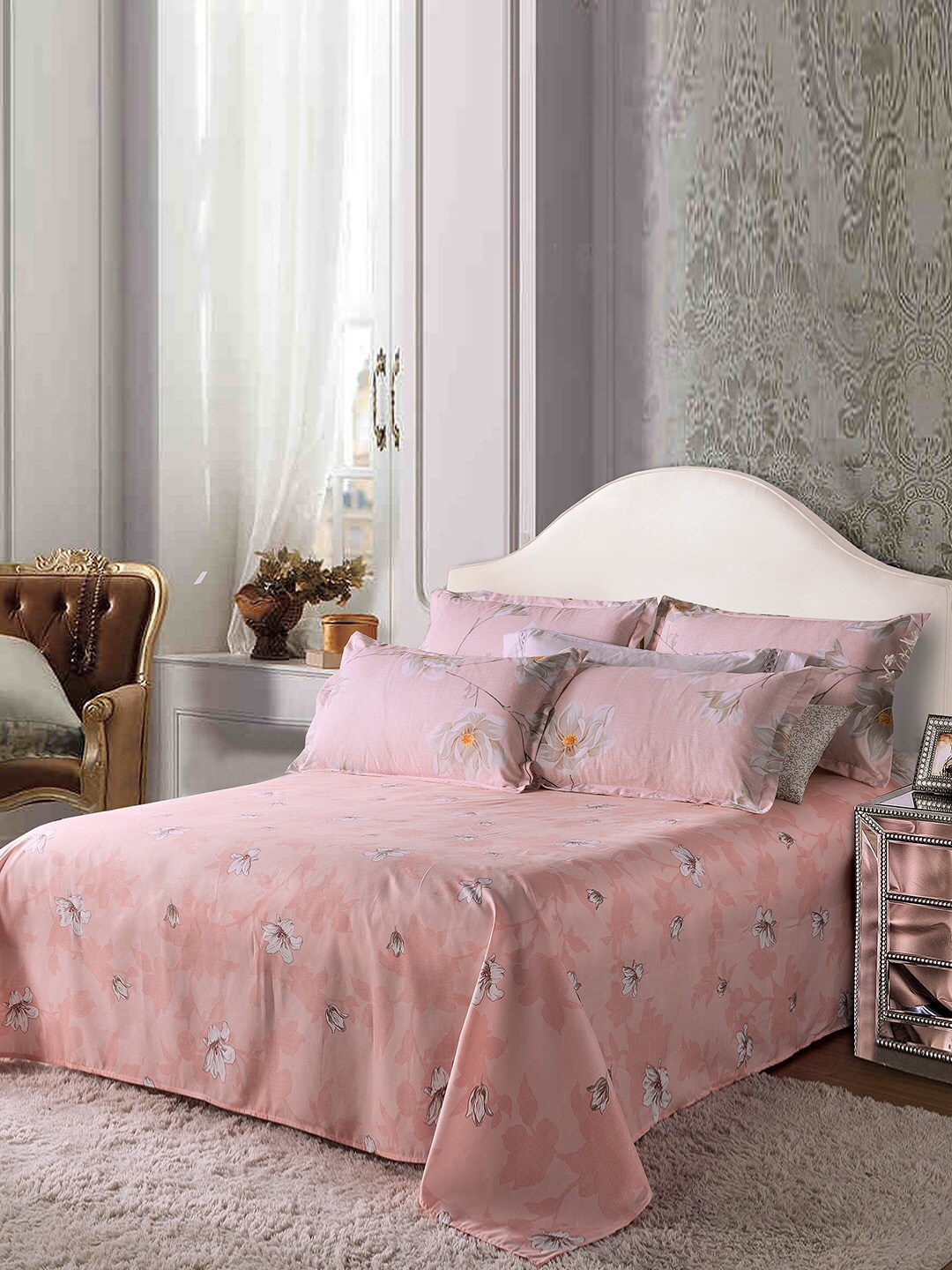 

JC HOME Pink & Beige Printed Double Queen Bedding Set
