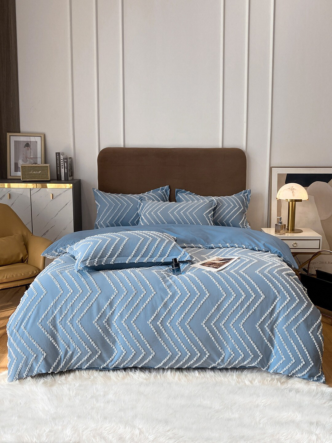 

JC Collection Blue & White Self-Design Double King Bedding Set