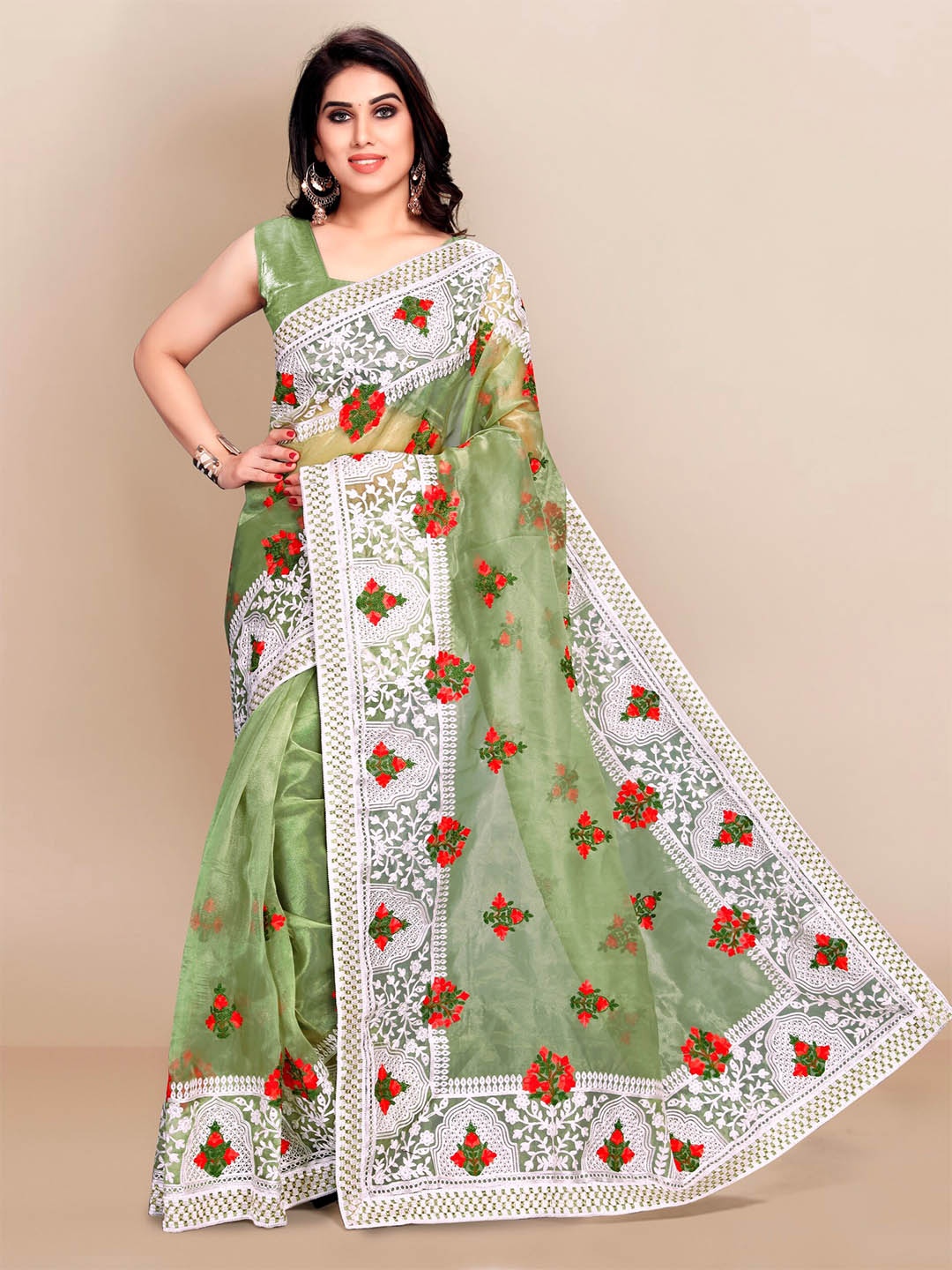 

VAIRAGEE Green & Red Floral Print Embroidered Organza Saree