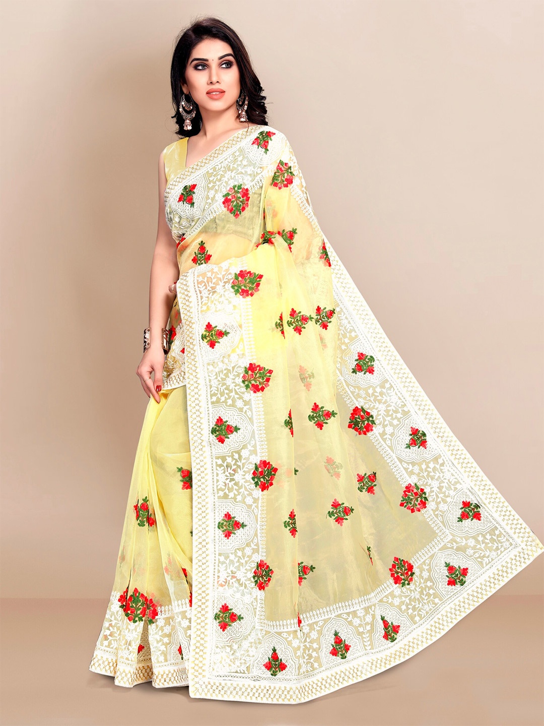 

VAIRAGEE Yellow & White Floral Embroidered Organza Saree