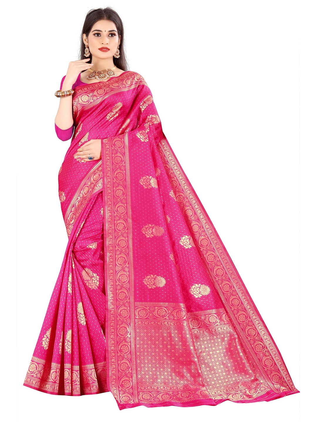 

VAIRAGEE Pink & Gold-Toned Woven Design Silk Blend Banarasi Saree