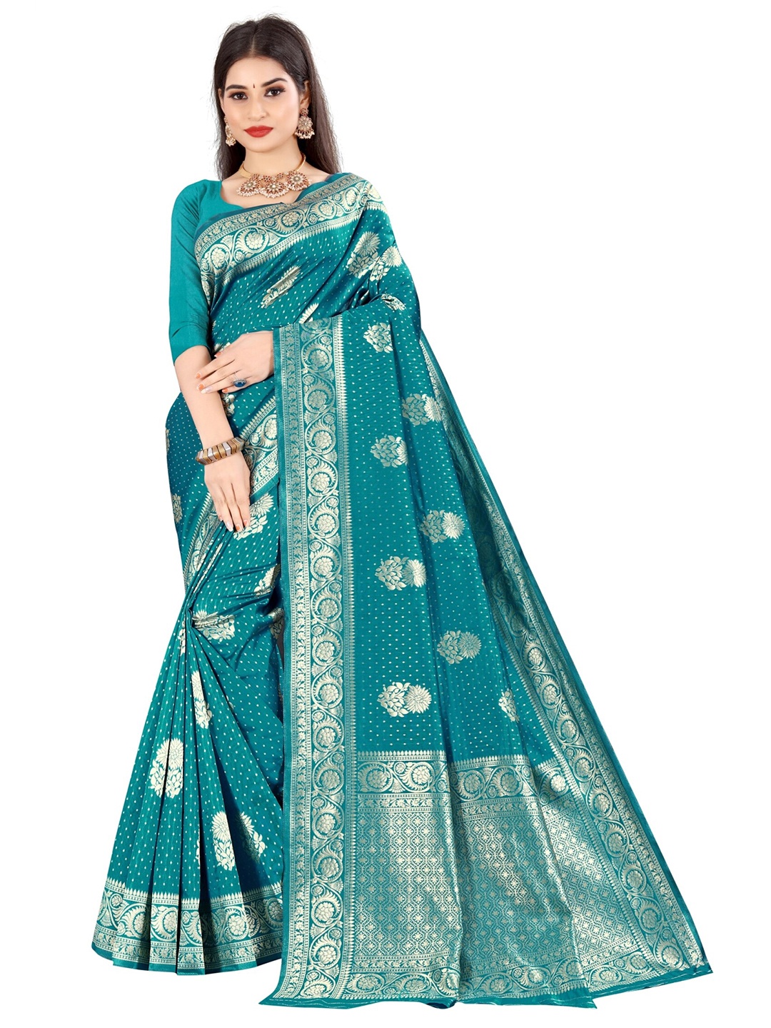 

VAIRAGEE Teal & Silver Ethnic Motifs Banarasi Silk Blend Saree