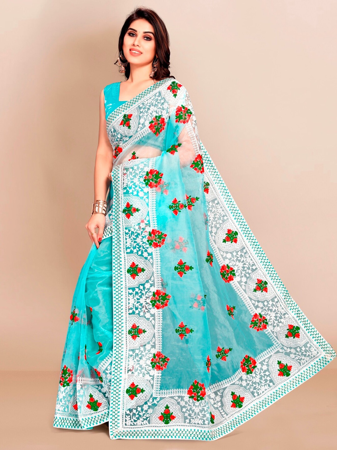 

VAIRAGEE Turquoise Blue & White Floral Embroidered Organza Saree