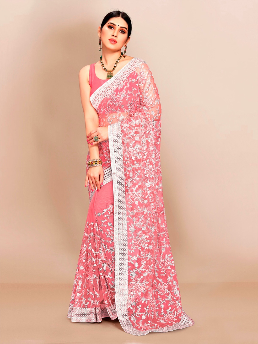 

VAIRAGEE Pink & Silver-Toned Floral Embroidered Net Saree