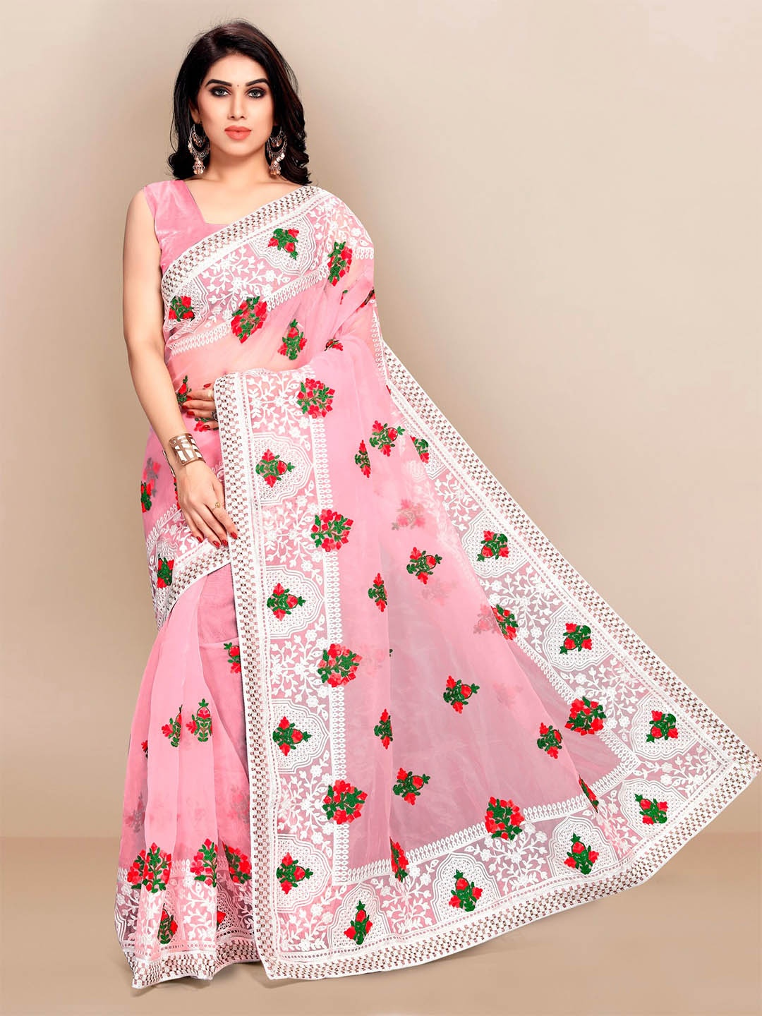 

VAIRAGEE Pink & Red Floral Print Embroidered Organza Saree