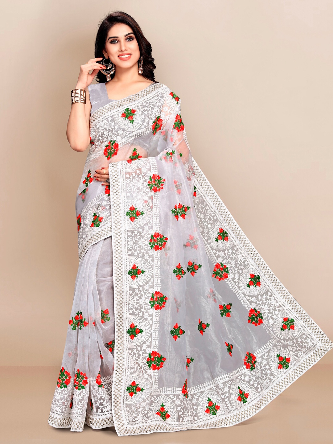 

VAIRAGEE Grey & Red Floral Embroidered Organza Saree