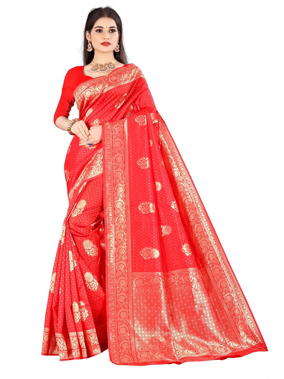 

VAIRAGEE Red & Gold-Toned Woven Design Silk Blend Banarasi Saree