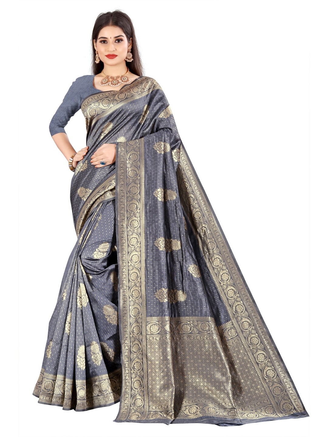 

VAIRAGEE Grey & Gold-Toned Woven Design Silk Blend Banarasi Saree