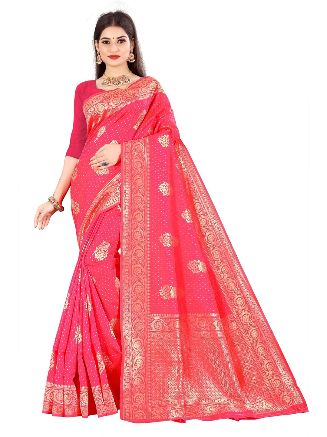 

VAIRAGEE Peach & Gold Ethnic Motifs Banarasi Silk Blend Saree