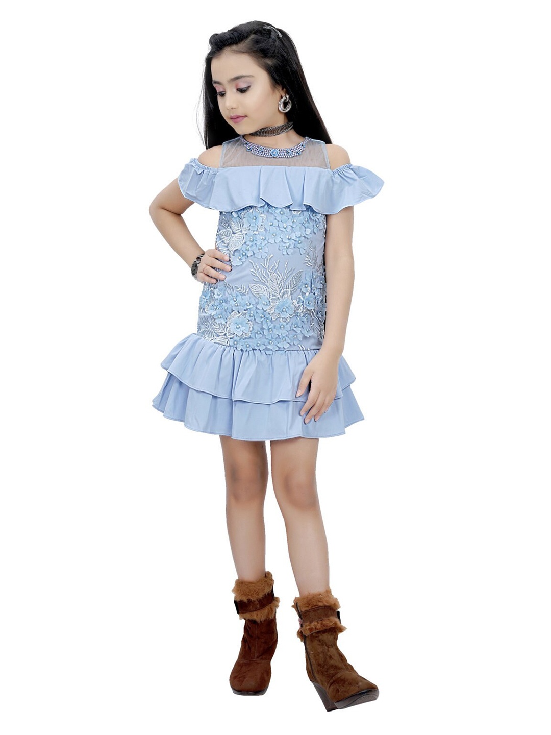 

Tiny Girl Girls Blue Embroidered Drop-Waist Dress