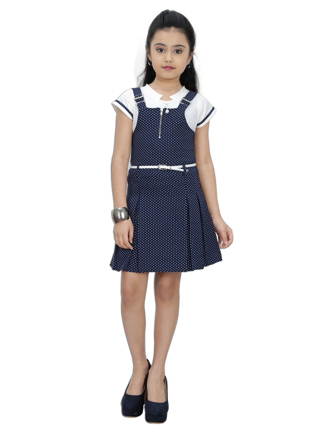 

Tiny Girl Navy Blue & White Polka Dots Pinafore Dress