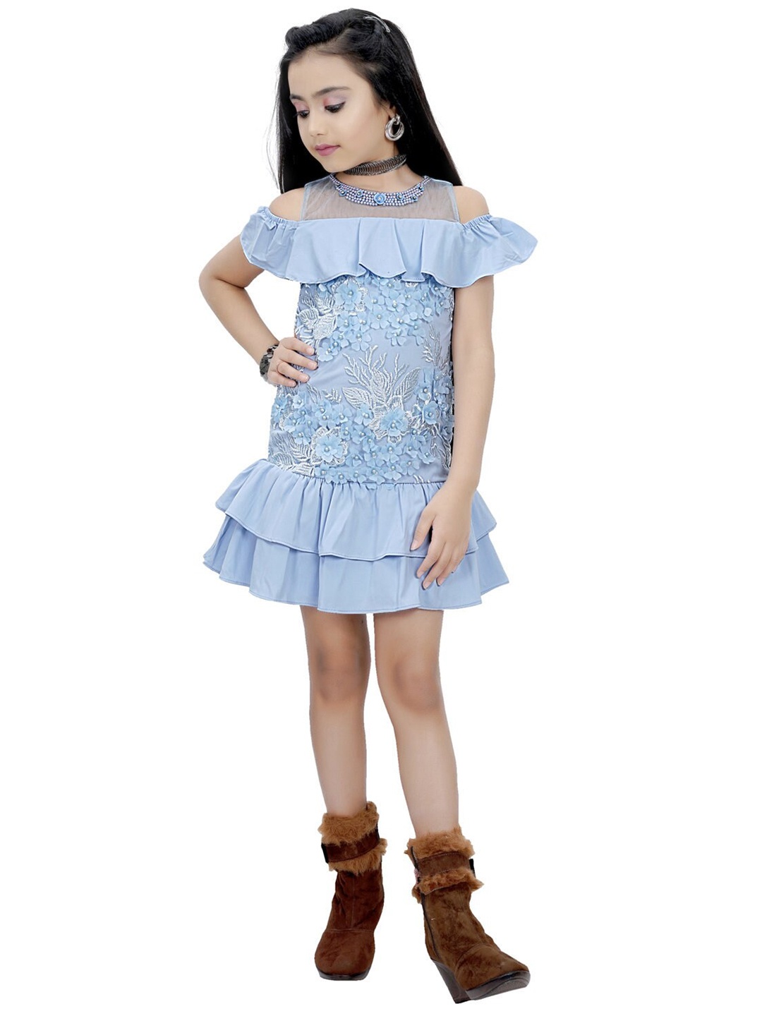 

Tiny Girl Girls Blue Embroidered Drop-Waist Dress