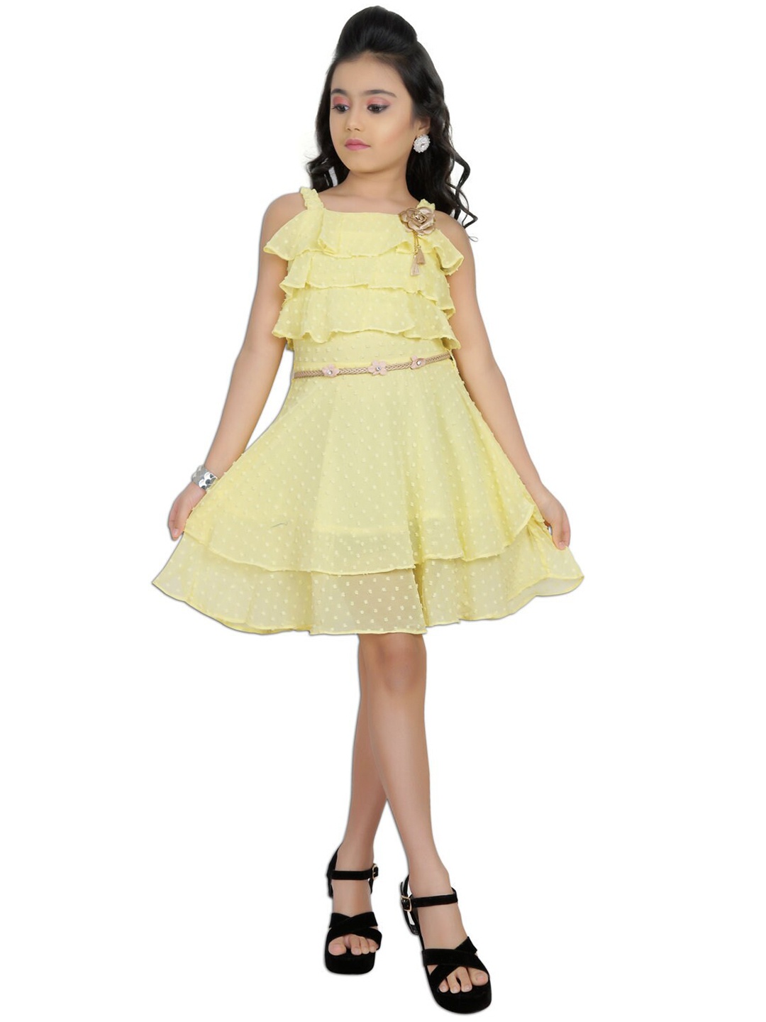 

Tiny Girl Yellow Self Design Fit & Flare Dress