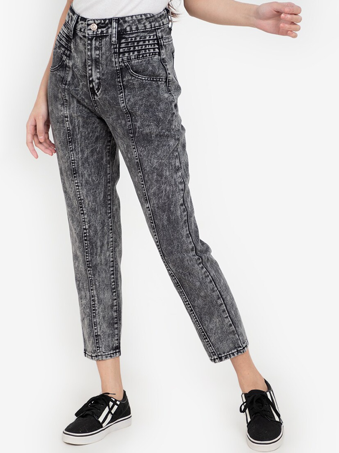 

ZALORA BASICS Women Grey Tapered Fit Low-Rise Heavy Fade Acid Washed Pintucks Jeans