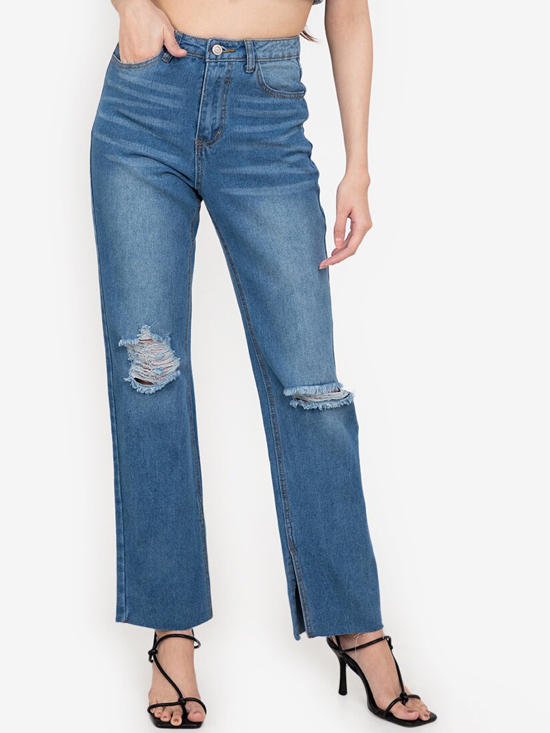 

ZALORA BASICS Women Blue Bootcut High-Rise Slash Knee Light Fade Jeans