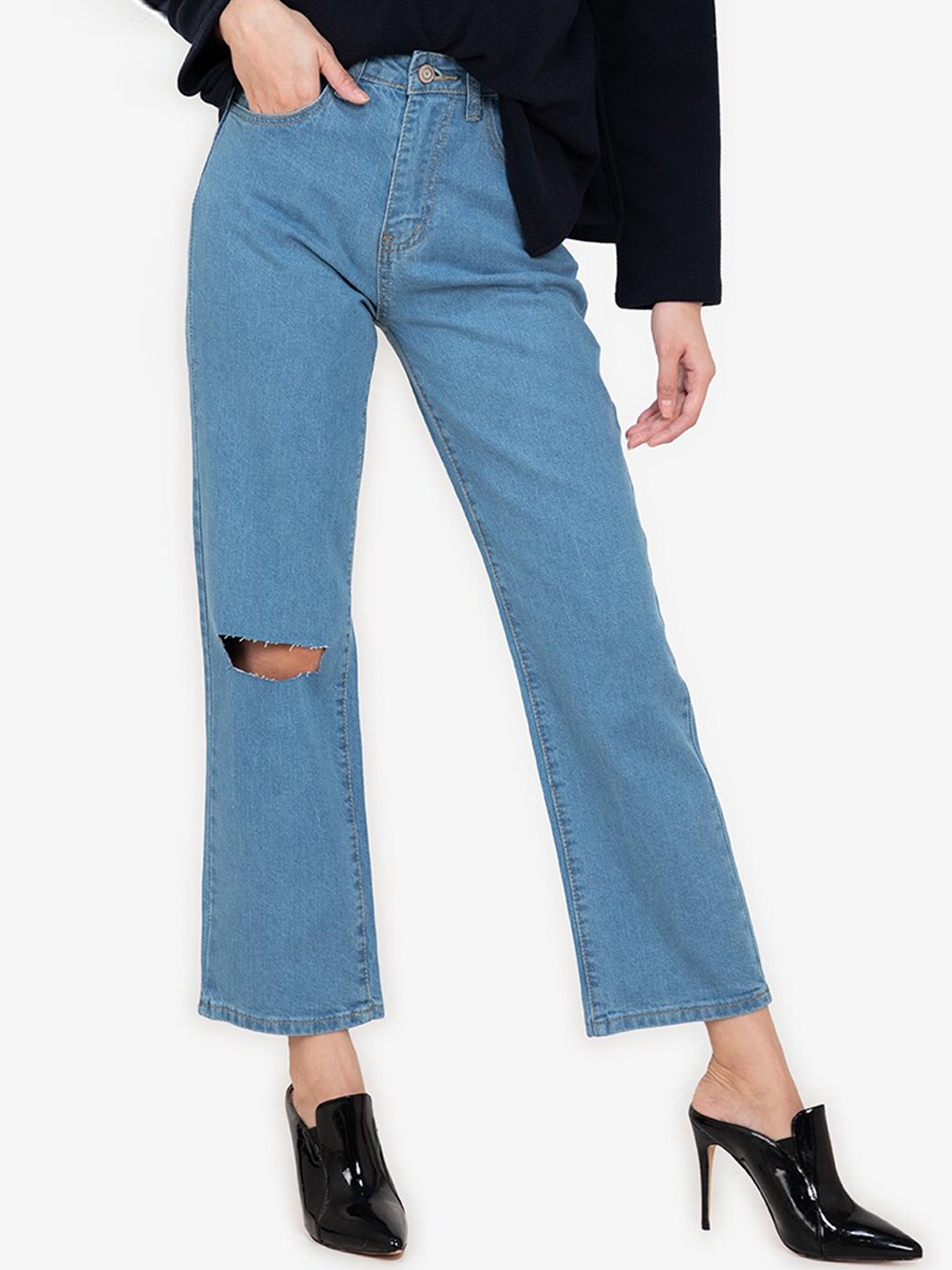 

ZALORA BASICS Women Blue High-Rise Slash Knee Light Fade Jeans