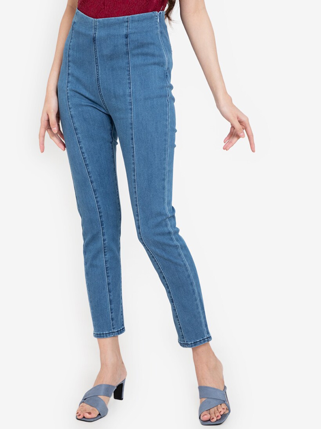 

ZALORA BASICS Women Blue Side Zipper Slim Fit High-Rise Jeans