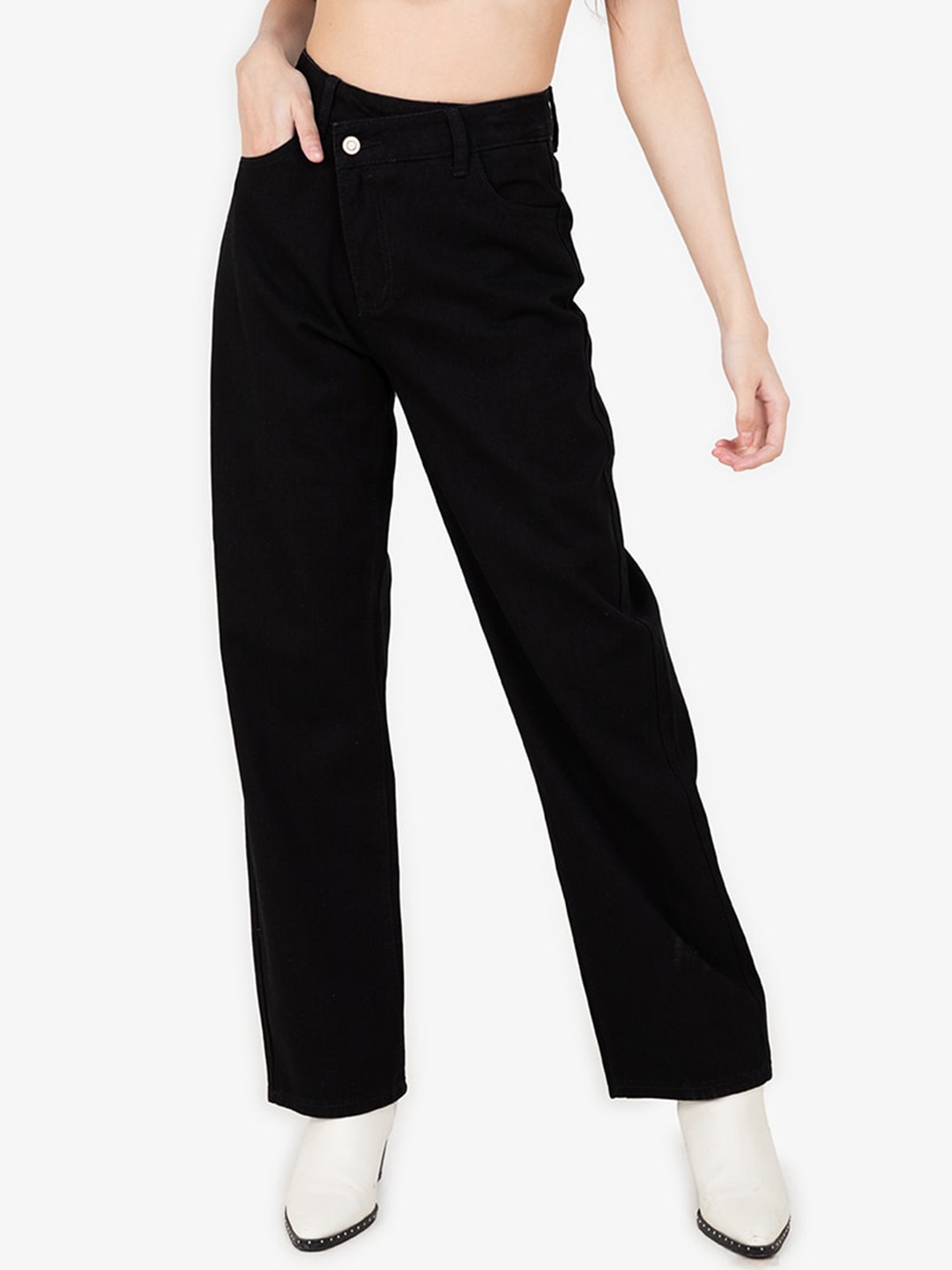 

ZALORA BASICS Women Black Straight Fit High-Rise Jeans