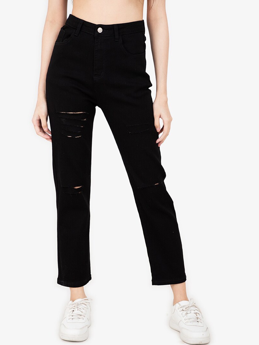 

ZALORA BASICS Women Black Skinny Fit High-Rise Mildly Distressed Cropped Jeans