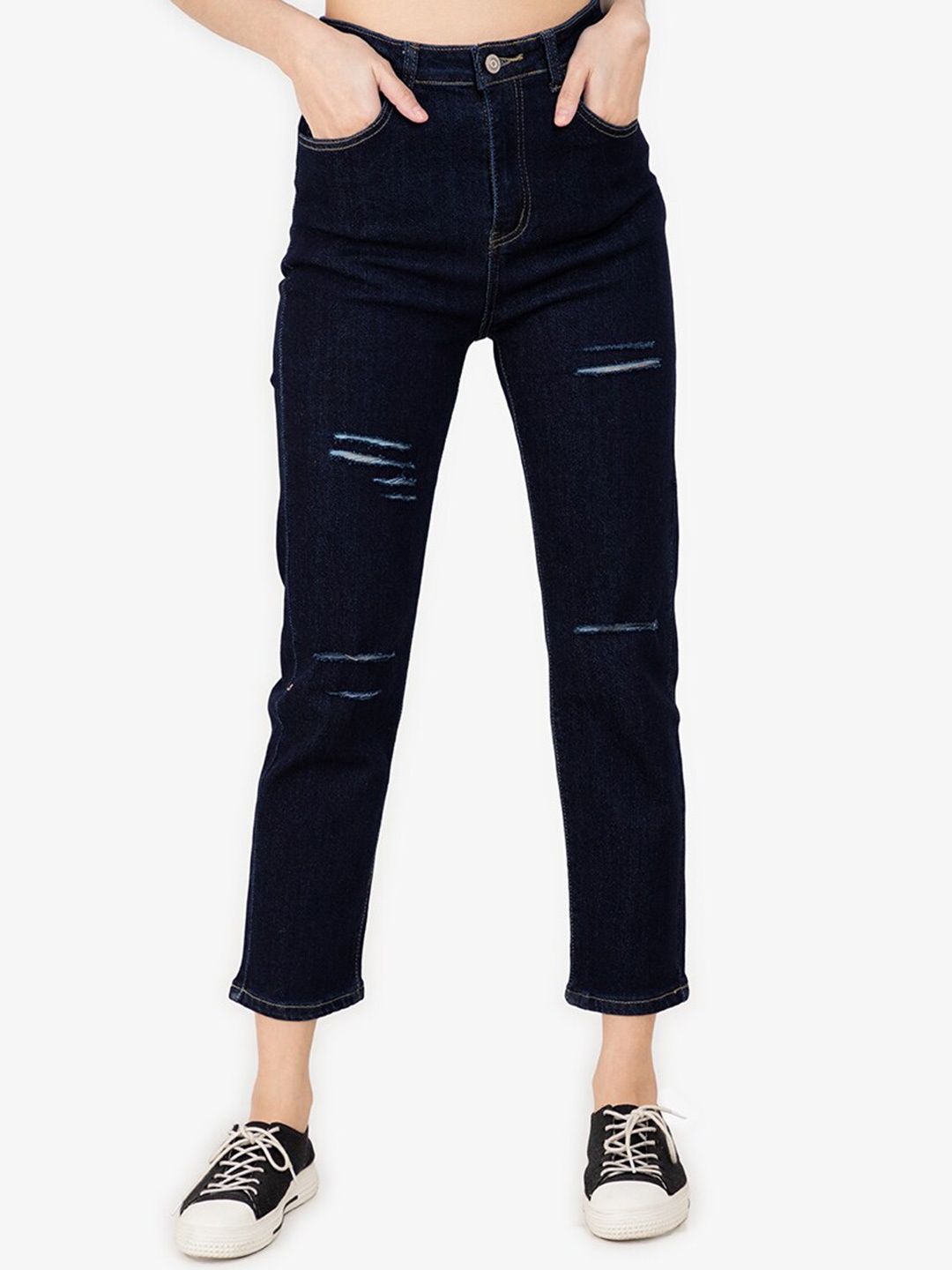 

ZALORA BASICS Women Blue High-Rise Mildly Distressed Jeans