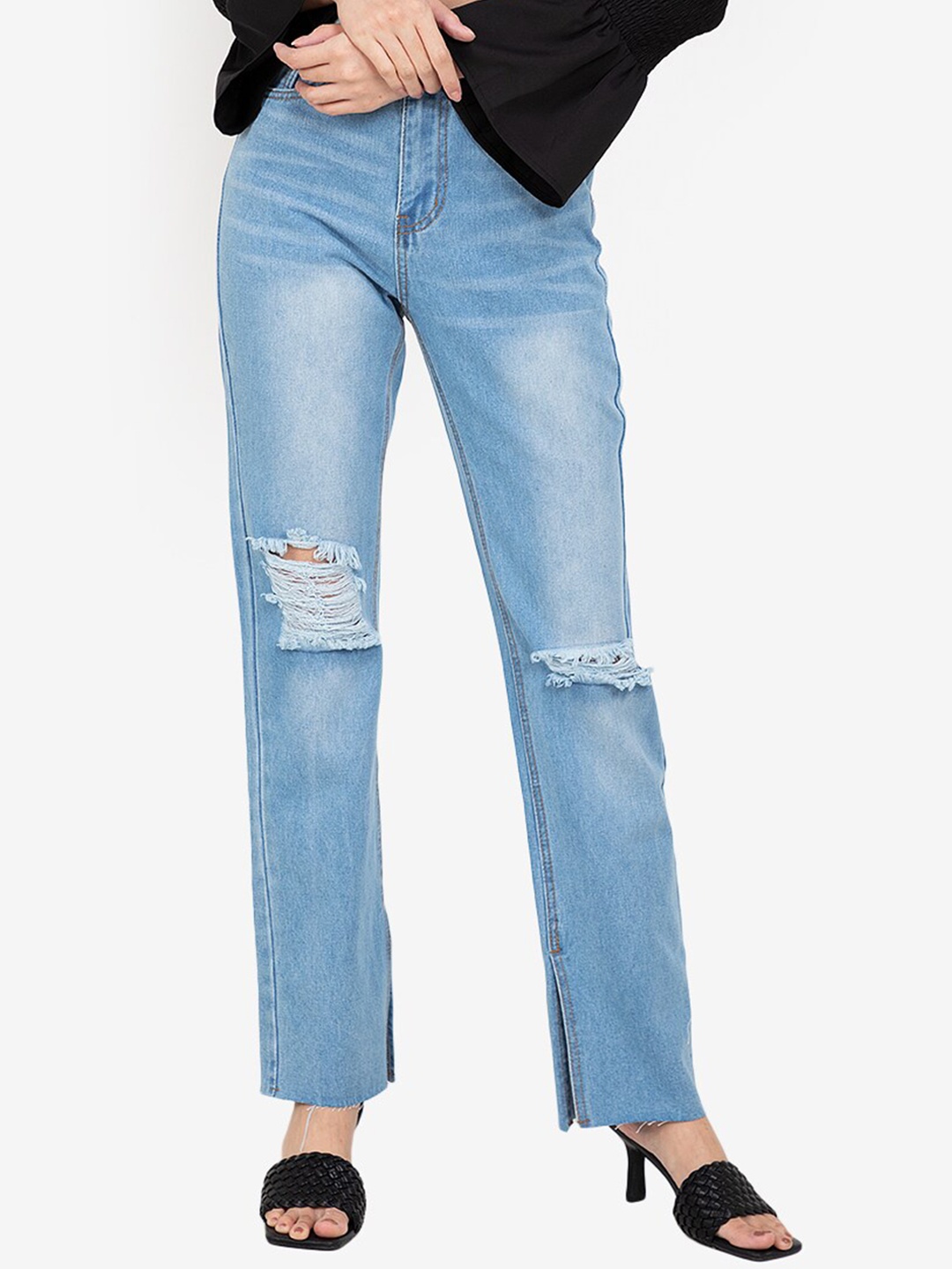 

ZALORA BASICS Women Blue Slim Fit High-Rise Highly Distressed Heavy Fade Jeans