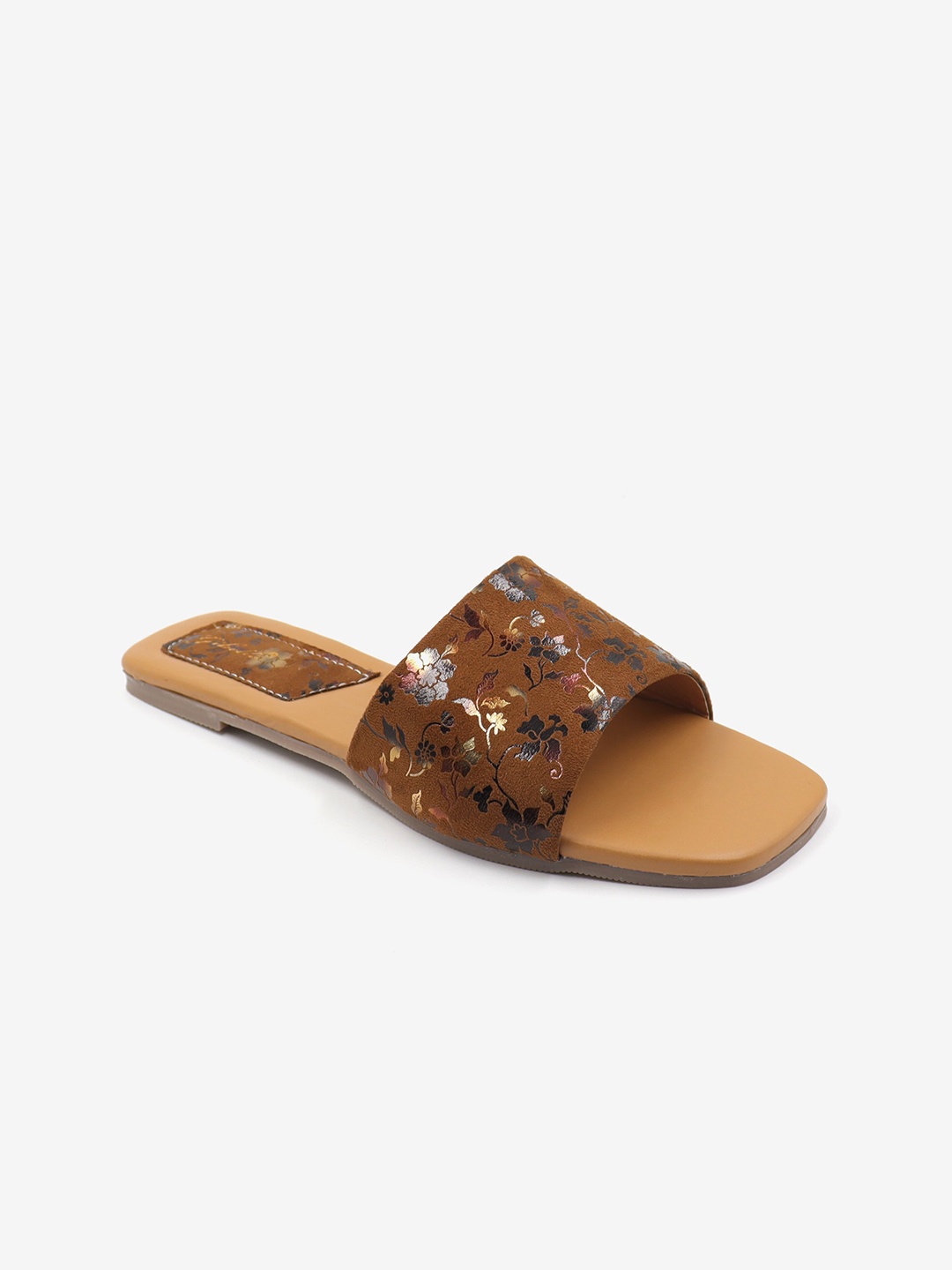 

Gibelle Women Brown Floral Textured Open Toe Flats with Laser Cuts