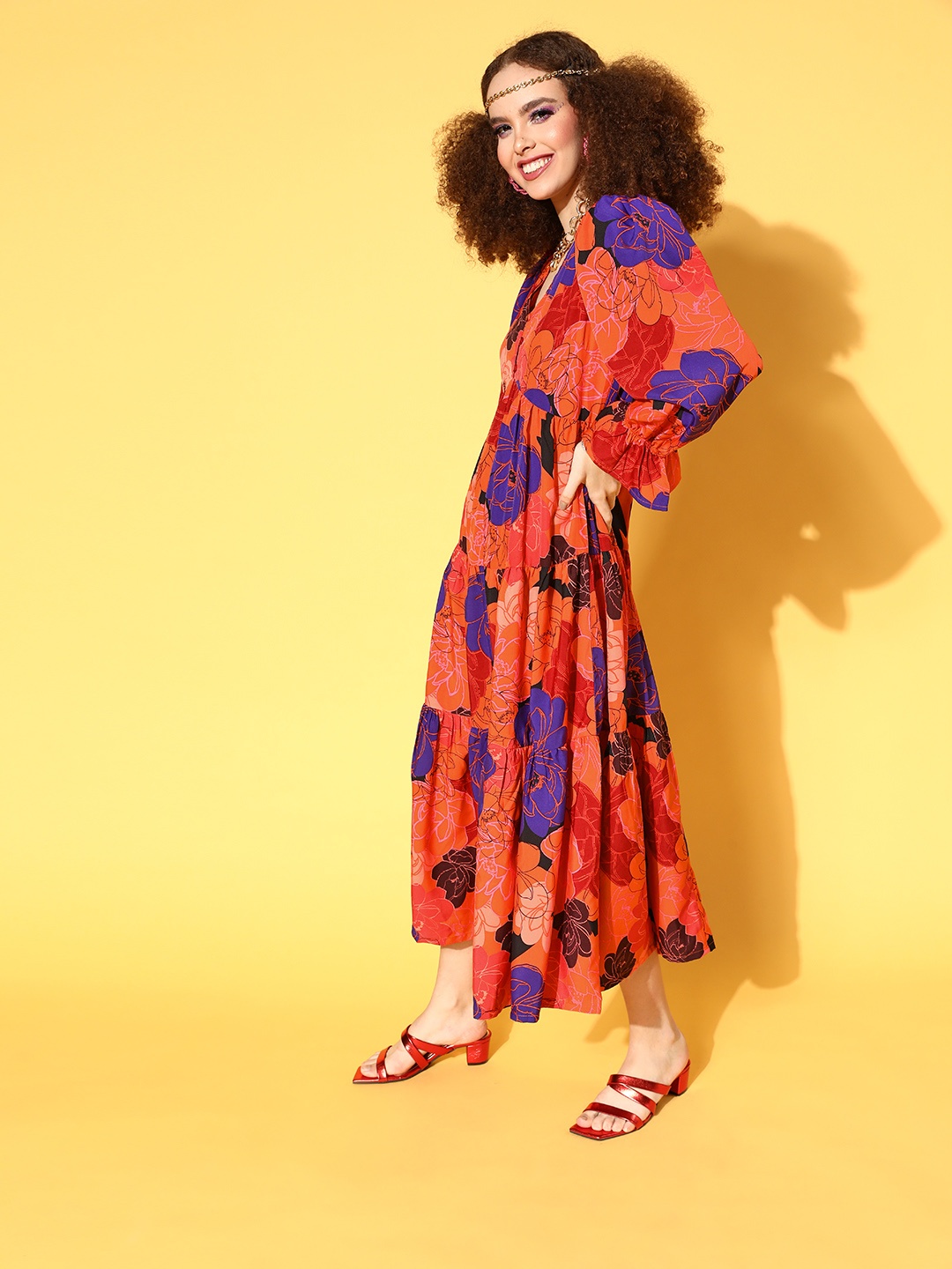

plusS Women Orange Floral Volume Play Dress