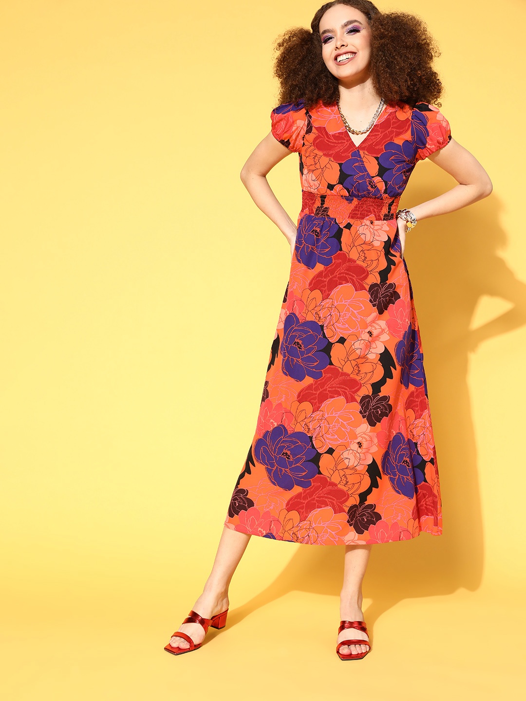 

plusS Women Coral Floral Volume Play Dress