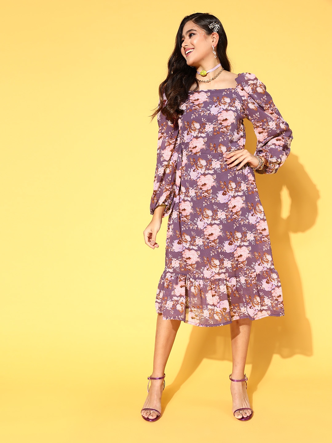 

plusS Women Purple Floral Volume Play Dress