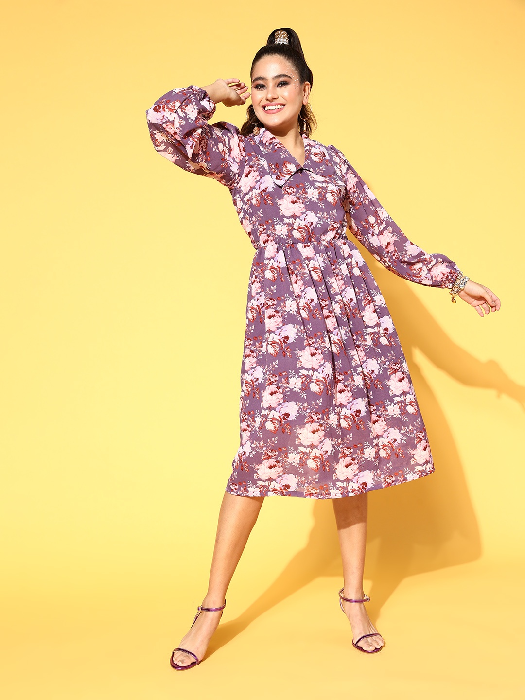 

plusS Women Mauve Floral Volume Play Dress