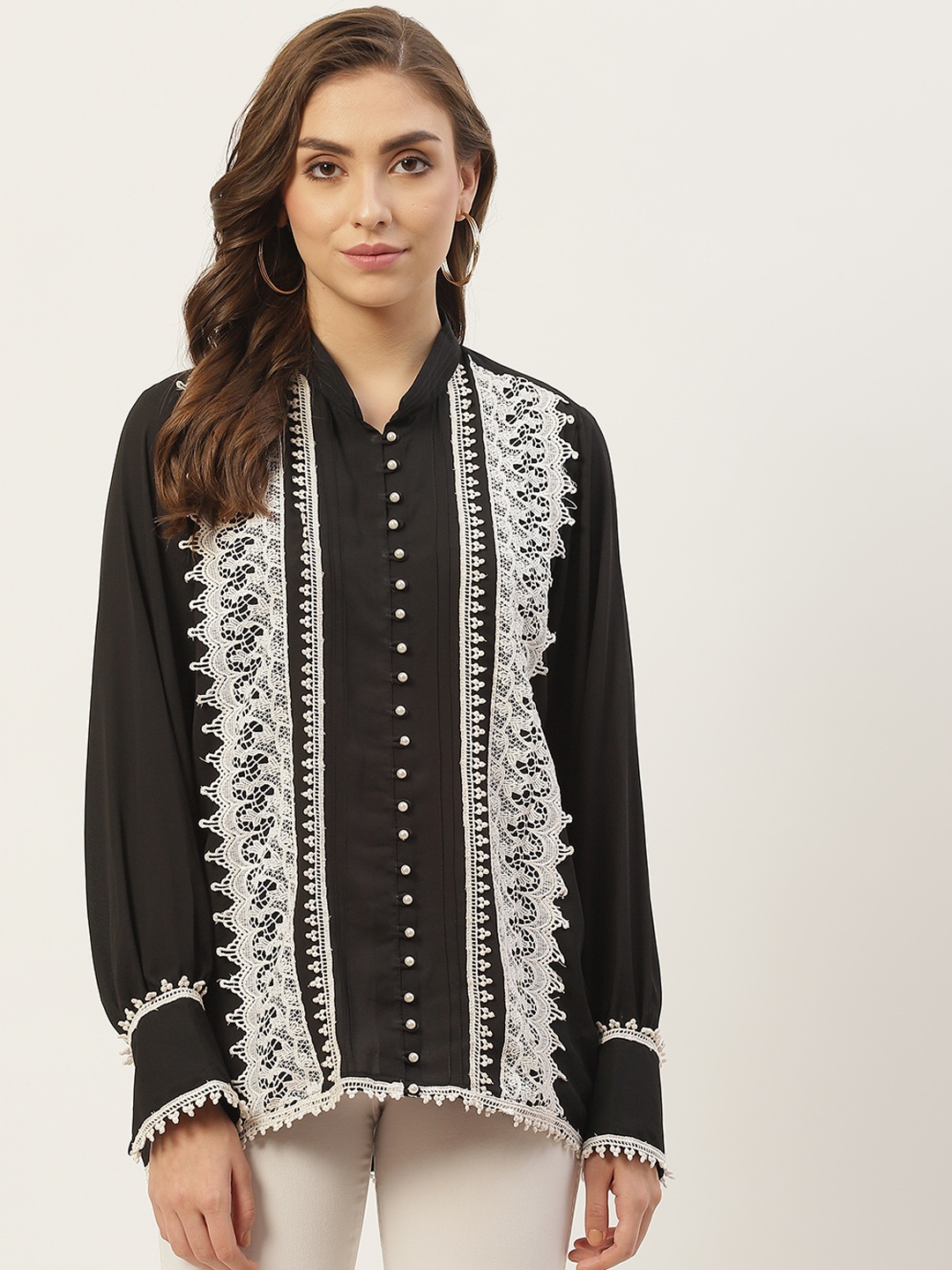 

LABEL REGALIA Black & White Mandarin Collar Lace Detail Crepe Shirt Style Longline Top
