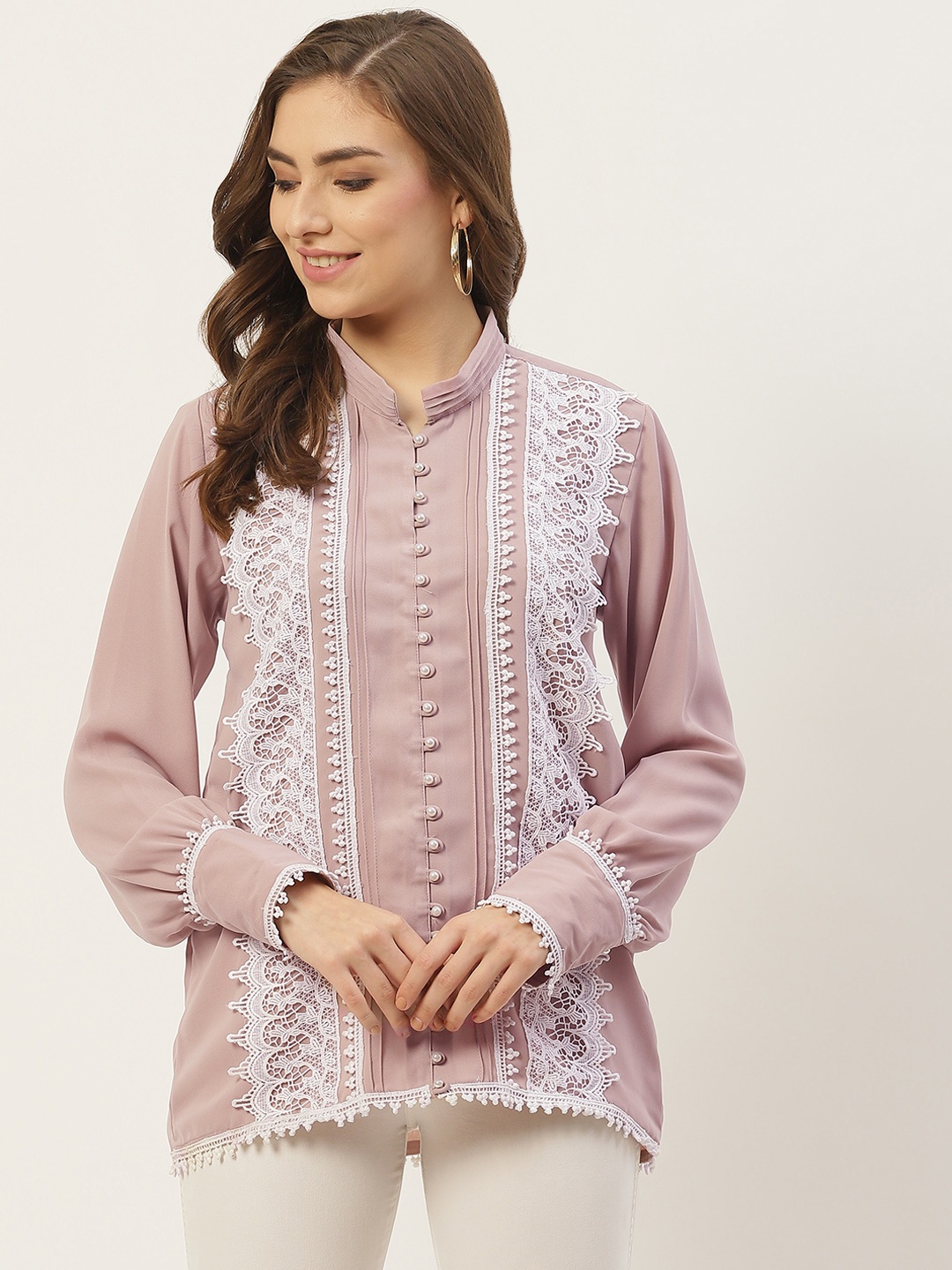 LABEL REGALIA Peach-Coloured & White Mandarin Collar Lace Crepe Shirt Style Longline Top