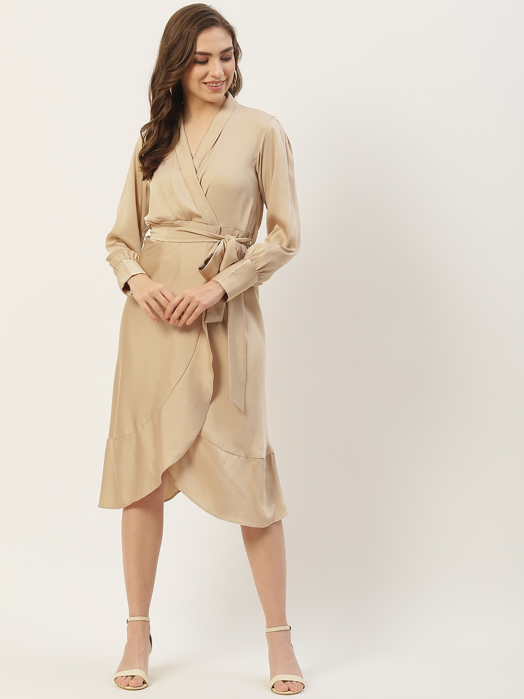 

LABEL REGALIA Beige Satin Midi Wrap Dress