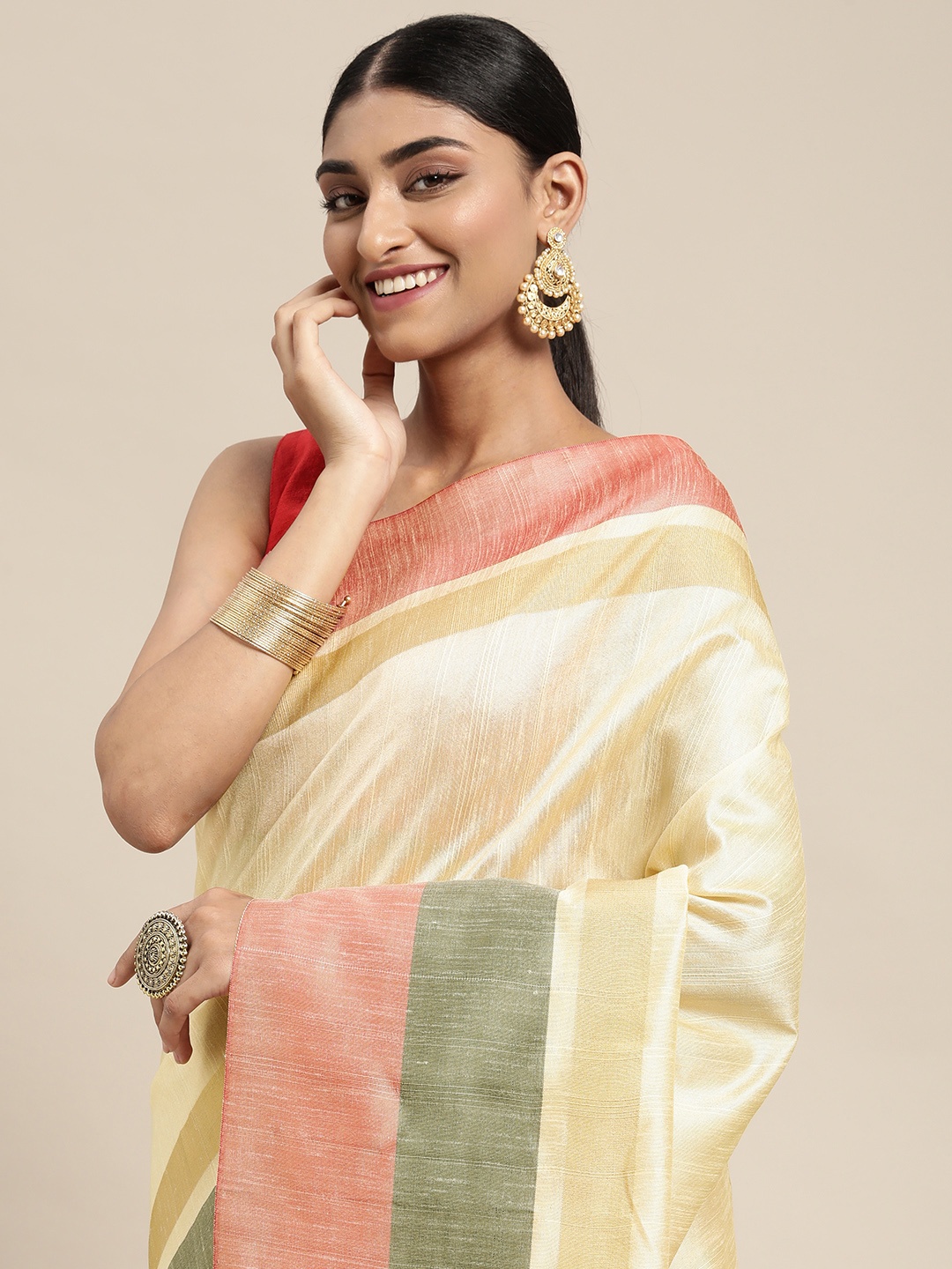 

Mitera Cream-Coloured Solid Saree