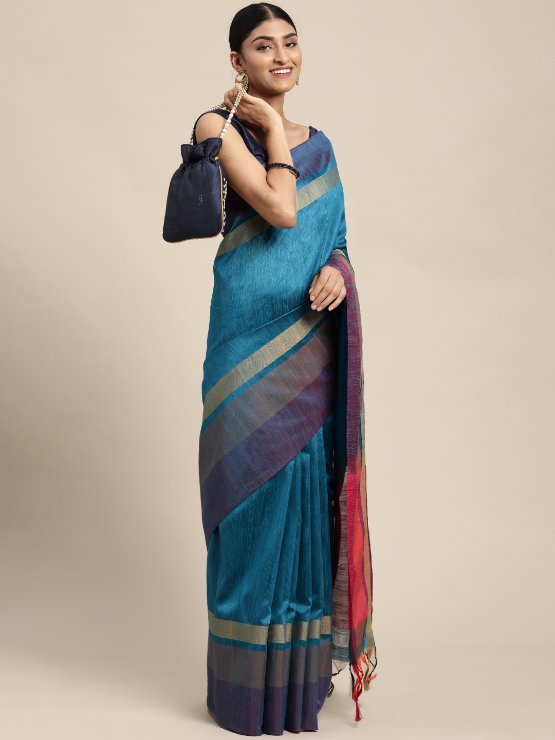 

Mitera Blue Silk Blend Saree With Contrast Pallu