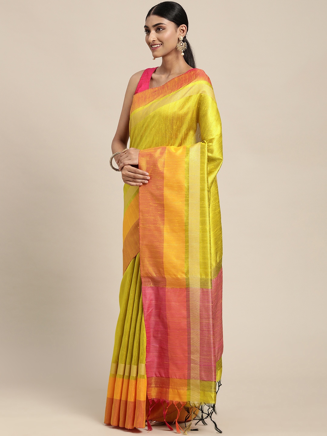 

Mitera Mustard Silk Blend Saree With Contrast Pallu